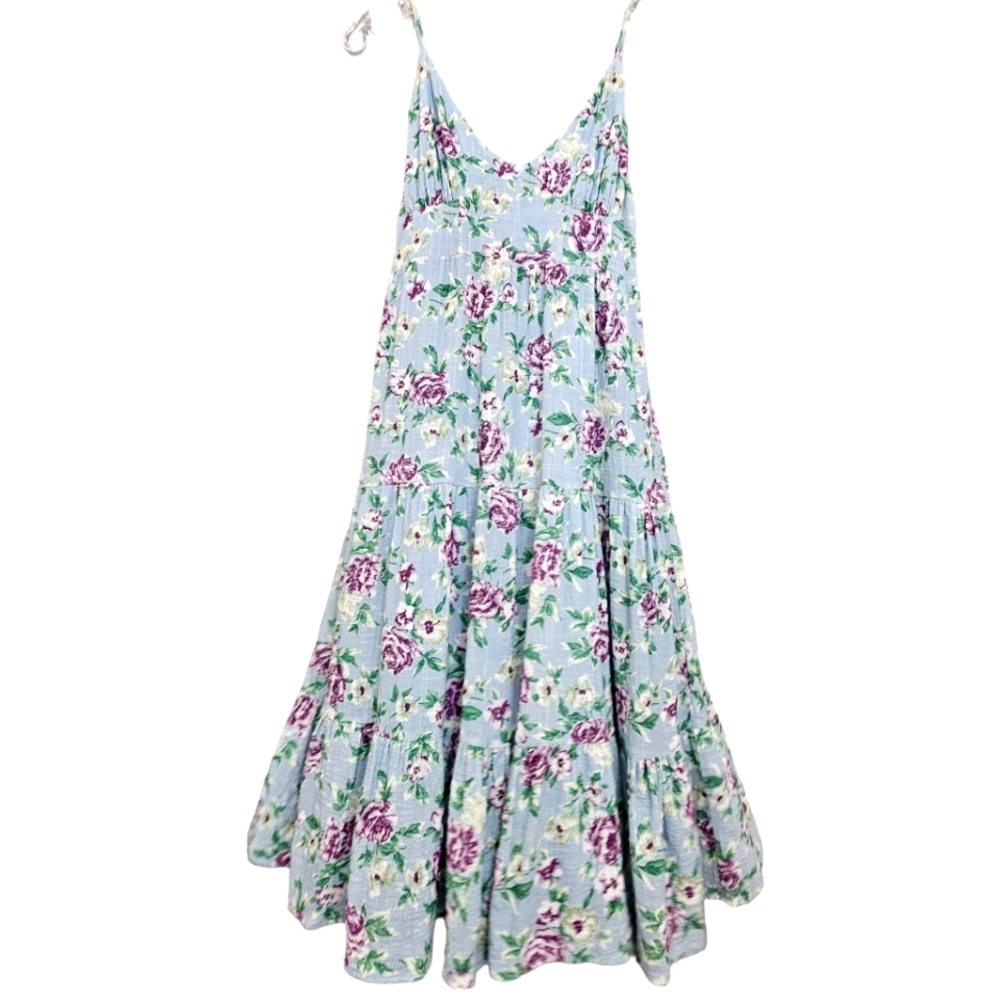 Lulu's Bliss Abound Bliss Baby Blue w/Purple Roses Ruffle Tiered Midi Dress - Picture 14 of 15